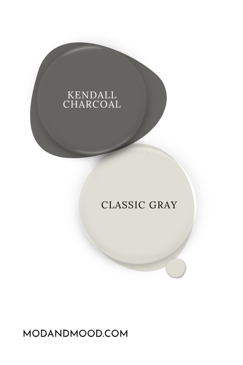Benjamin Moore Classic Gray paint dot, beside a paint dot of Kendall Charcoal