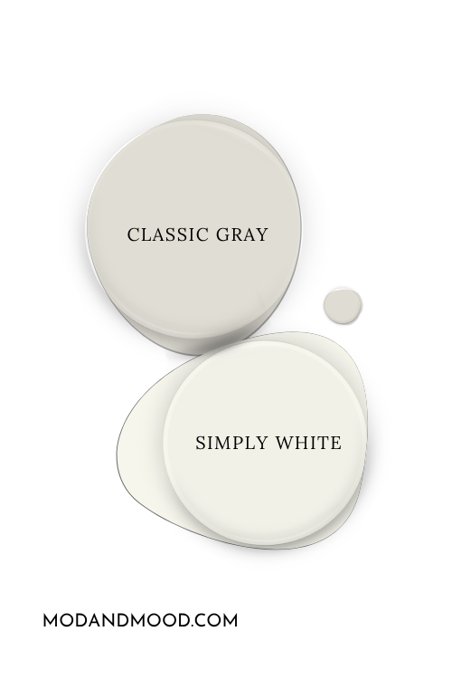 Benjamin Moore Classic Gray paint dot, beside a paint dot of Simply White.