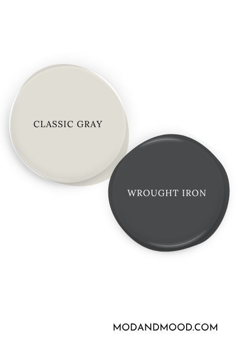 Benjamin Moore Classic Gray paint dot, beside a paint dot of Wrought Iron