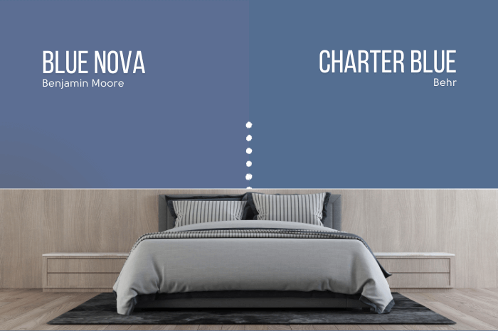 Benjamin Moore Blue Nova on half of a wall and Behr Charter Blue on the other half above a gray bed.
