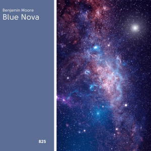 Benjamin Moore Blue Nova swatch with a photo of a galaxy on the other side
