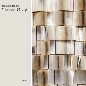 Swatch of Classic Gray beside a photo of a bunch of open books