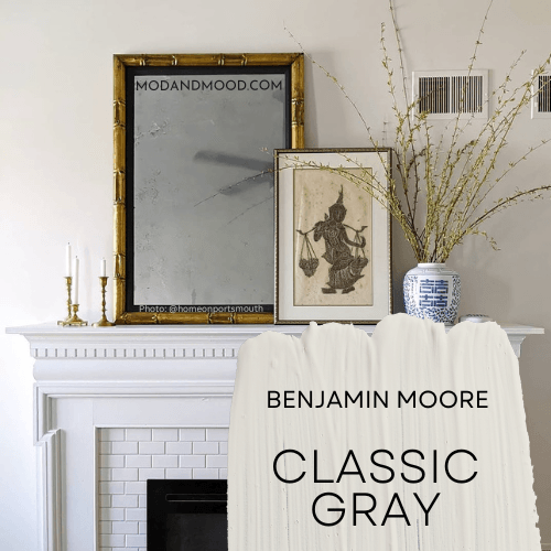 Swatch of Classic Gray over a photo of the color on walls.