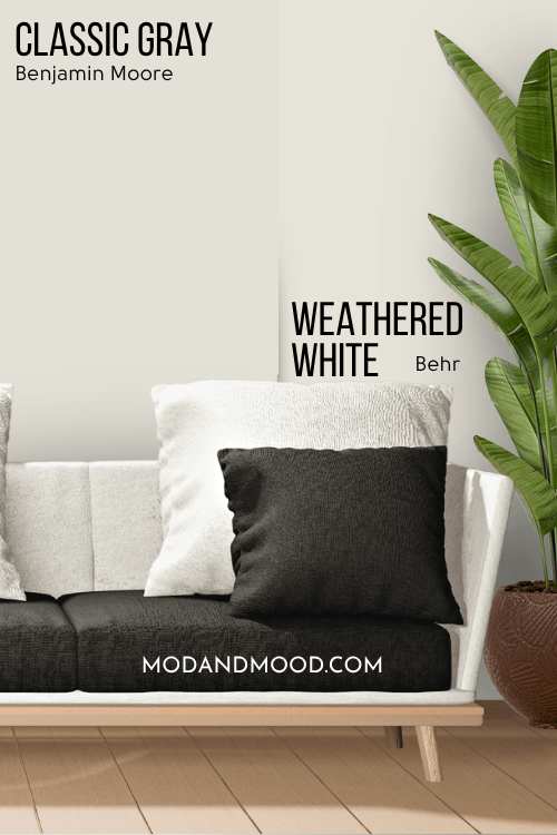 Classic Gray Behr Dupe Weathered White and Classic Gray each on half of a wall behind a black and white sofa.