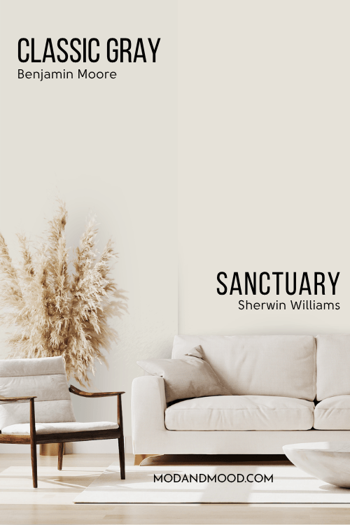 Sherwin Williams Classic Gray Dupe vs Classic Gray, each on half of a wall behind a beige sofa.