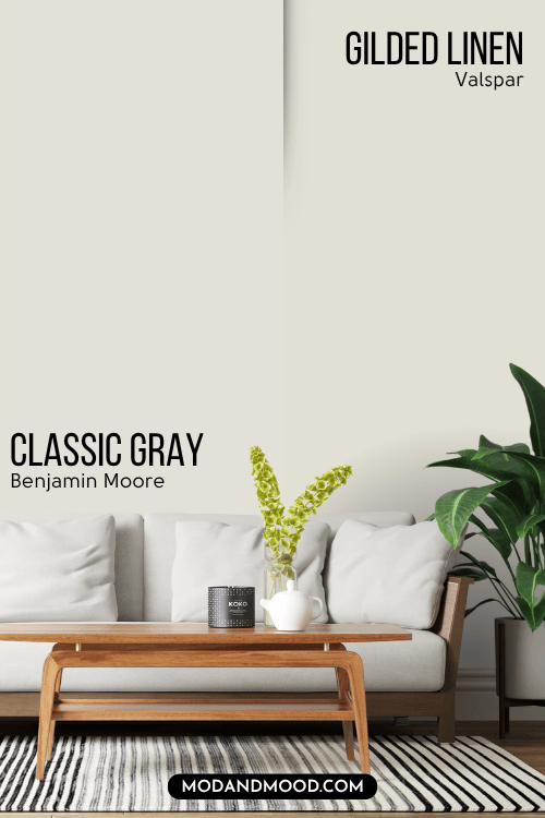 Valspar Classic Gray Dupe Gilded Linen vs Classic Gray, each on half of a wall behind a white sofa.