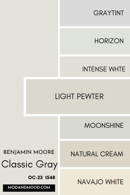 Benjamin Moore Classic Gray swatched beside similar colors Graytint, Horizon, Intense White, Light Pewter, Moonshine, Natural Cream, and Navajo White, with a large swatch of Light Pewter over the others.