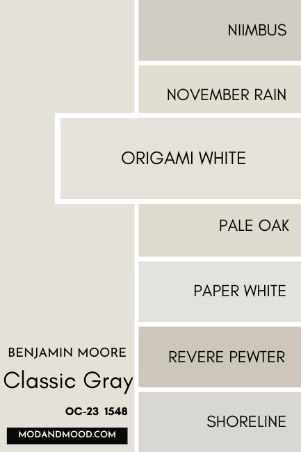 Benjamin Moore Classic Gray swatched beside similar colors Nimbus, November Rain, Origami White, Pale Oak, Paper White, Revere Pewter, and Shoreline, with a large swatch of Origami White over the others.