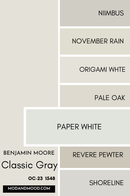 Benjamin Moore Classic Gray swatched beside similar colors Nimbus, November Rain, Origami White, Pale Oak, Paper White, Revere Pewter, and Shoreline, with a large swatch of Paper White over the others.