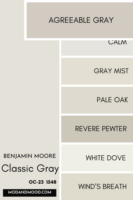 Benjamin Moore Classic Gray color card with swatches of other light paint colors down the right hand side. Sherwin Williams Agreeable Gray stands out swatched bigger than the rest of the colors.