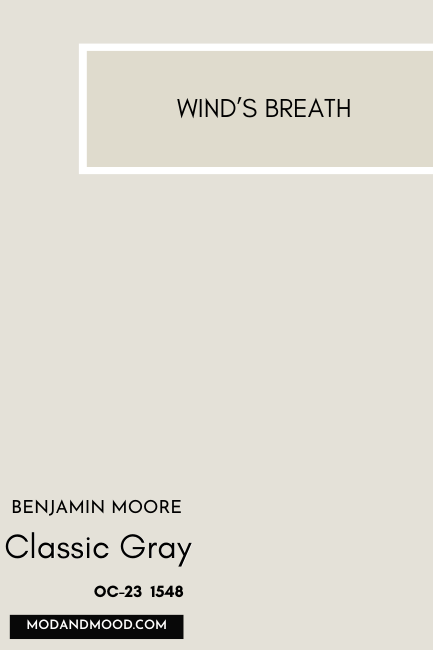 Benjamin Moore Classic Gray swatched beside Wind's Breath.