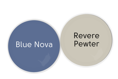 Paint drops of Revere Pewter and Blue Nova side by side