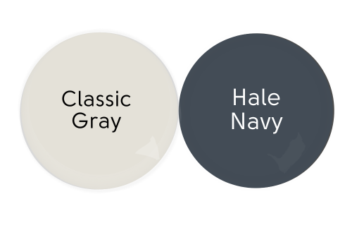 Benjamin Moore Classic Gray paint dot, beside a paint dot of Hale Navy.