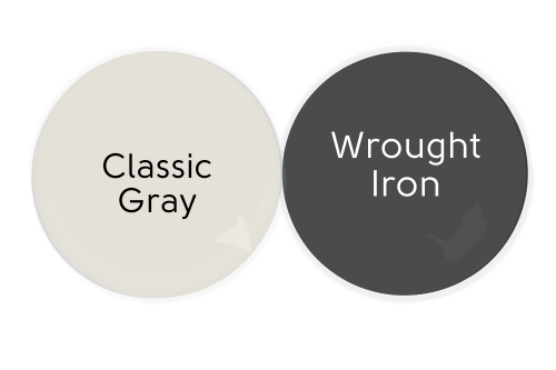 Benjamin Moore Classic Gray paint dot, beside a paint dot of Wrought Iron