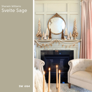 Swatch of Sherwin Williams Svelte Sage beside a fireplace painted in the same