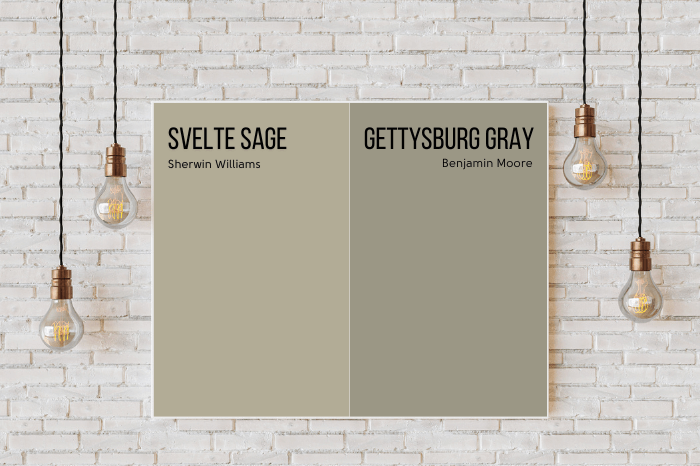 Sherwin Williams Svelte Sage on half of a canvas and similar sage color Gettysburg Gray on the other half