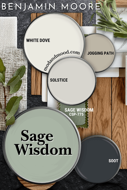 Benjamin Moore Sage Wisdom color palette features Sage Wisdom, Soot, Solstice, White Dove, and Jogging Path all on paint lids over a background of wood samples, sage, and marble.