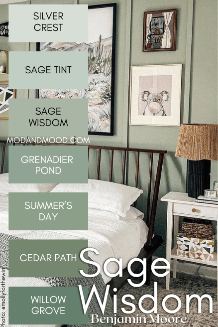 The Benjamin More Sage Wisdom color strip features colors from light to dark, Silver Crest, Sage Tint, Sage Wisdom, Grenadier Pond, Summer's Day, Cedar Path, and Willow Grove over a photo of the color in a bedroom