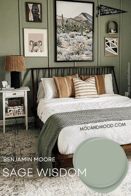 Swatch of Sage Wisdom over a photo of the color on bedroom walls