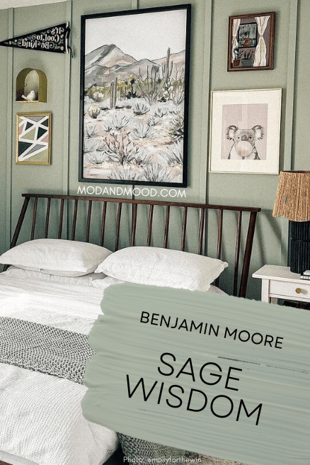 Swatch of Benjamin Moore Sage Wisdom over a photo of the color on walls in a bedroom