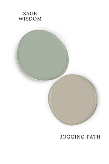 Paint drop swatches of Sage Wisdom and Jogging Path, side by side.