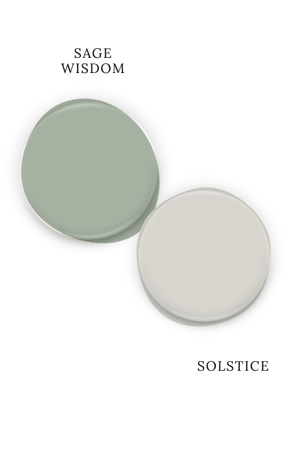 Paint drop swatches of Sage Wisdom and Solstice, side by side.