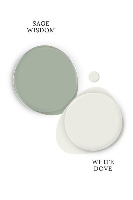Paint drop swatches of Sage Wisdom and White Dove, side by side.