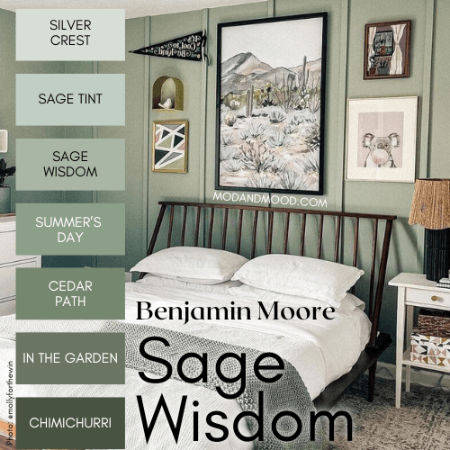 The Benjamin Moore Sage Wisdom color strip over a photo of the color on bedroom walls