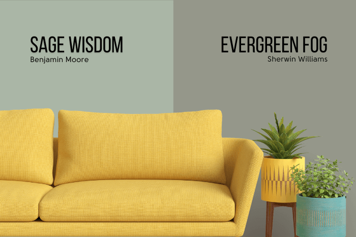 Benjamin Moore Sage Wisdom on half of a wall and Sherwin Williams Evergreen Fog on the other half in a living room with a mustard colored sofa.