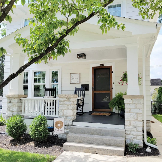 Benjamin Moore Classic Gray siding with white trim