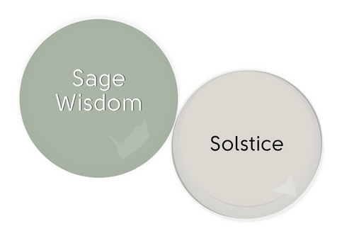 Paint drop swatches of Sage Wisdom and Solstice, side by side.