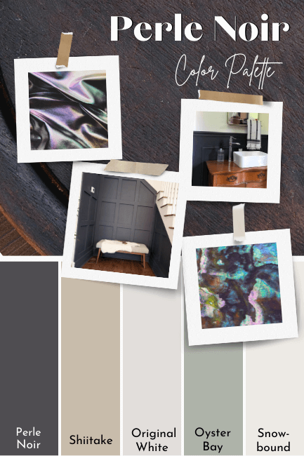 Color Palette for Sherwin Williams Black Pearl features Perle Noir, Shiitake, Original White, Oyster Bay, and Snowbound below a charcoal painted background, and 4 polaroids of Perle Noir inspired materials and two rooms using the color.