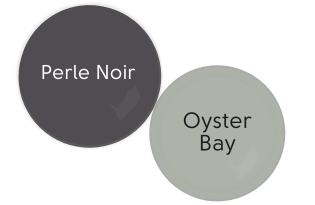 Paint dot of Sherwin WIlliams Perle Noir beside the same of Sherwin Williams Oyster Bay