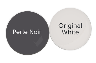 Paint dot of Sherwin WIlliams Perle Noir beside the same of Sherwin Williams Original White