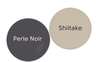 Paint dot of Sherwin WIlliams Perle Noir beside the same of Sherwin Williams Shiitake