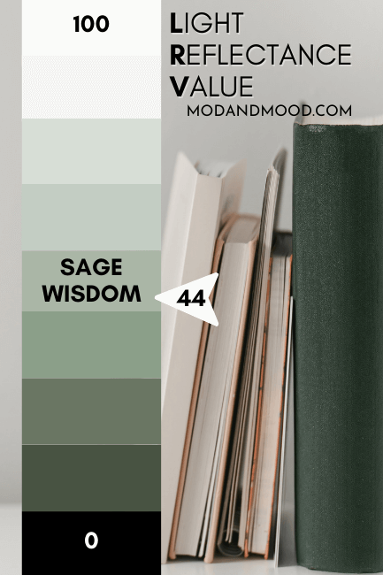 Sage Wisdom marked at 44 on an LRV chart from 100 (pure white) to 0 (pure black) over a background of books on a shelf.