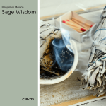 Swatch of Benjamin Moore Sage Wisdom beside a photo of a smoking bundle of sage.