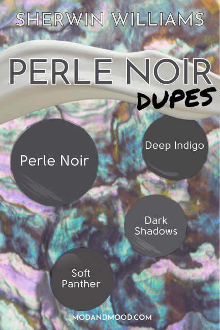 Swatches of Perle Noir and dupes: Dark Shadows, Deep Indigo, and Soft Panther, over a backgound of mother of pearl.
