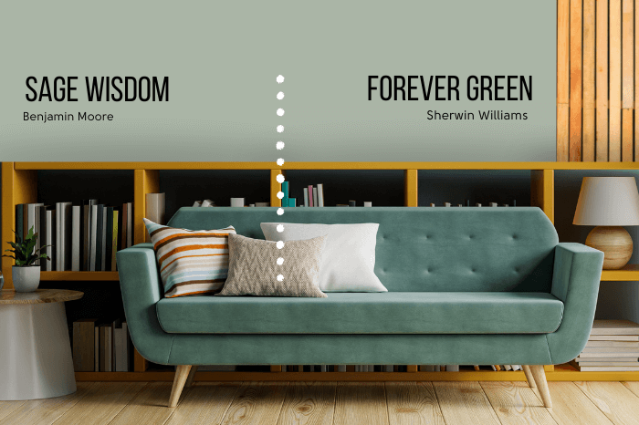 Benjamin Moore Sage Wisdom on half of a wall and Sherwin Williams dupe Forever Green on the other half in a living room with a wood bookshelf and a sage green velvet sofa.