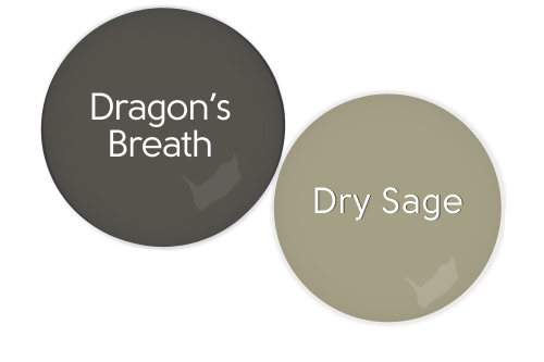 Paint dot of Benjamin Moore Dry Sage beside coordinating color Dragon's Breath