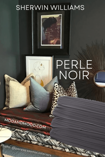swatch of perle noir over a photo of the color on the wall in a cozy den.