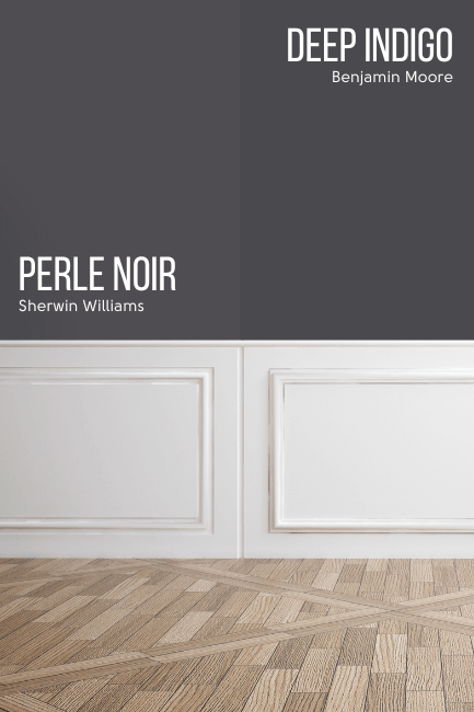 Sherwin Williams Perle Noir on half of a wall with Benjamin Moore dupe Deep Indigo on the other half, above white board and batten on the lower portion of the wall and wood floors