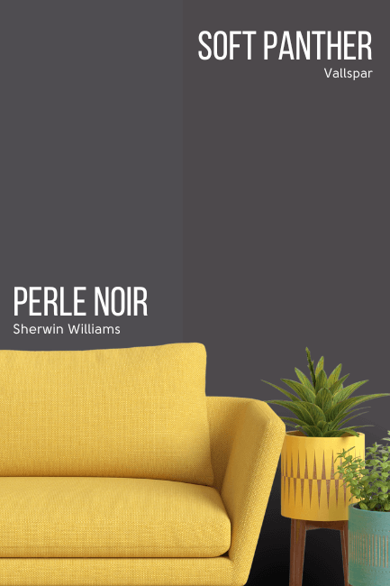Sherwin Williams Perle Noir on half of a wall with Valspar dupe Soft Panther on the other half, above a mustard sofa.