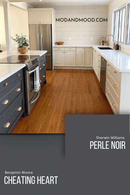 Perle Noir lookalike Cheating Heart on cabinets on a kitchen island with swatches comparing cheating heart and Perle Noir below