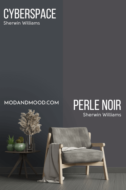 Sherwin williams Perle Noir on half of a wall with similar color SW Cyberspace on the other half, behind a light gray chair and side table.
