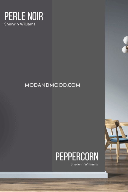 Sherwin williams Perle Noir on half of a wall with similar color SW Cyberspace on the other half, with a gray dining room visible in the background with wood furniture.