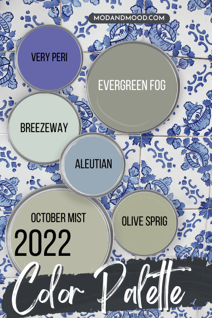 All of the 2022 colors of the year. Very Peri, Evergreen Fog, Breezeway, Aleutian, Olive Sprig, and October Mist.