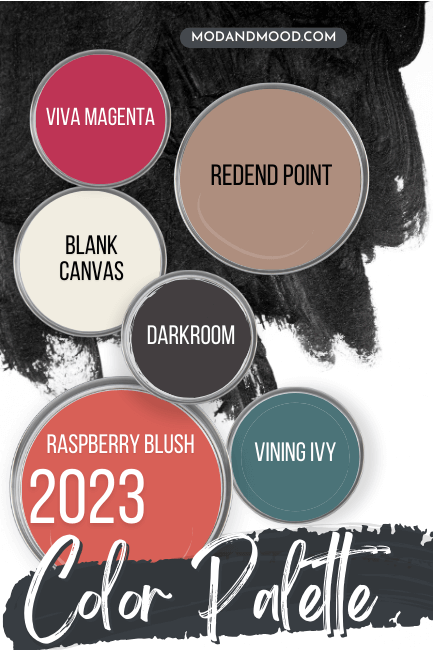 All of the colors of the year from 2023. Viva Magenta, Redend Point, Blank Canvas, Darkroom, Vining Ivy, and Raspberry Blush, over a background with a spray of black charcoal.