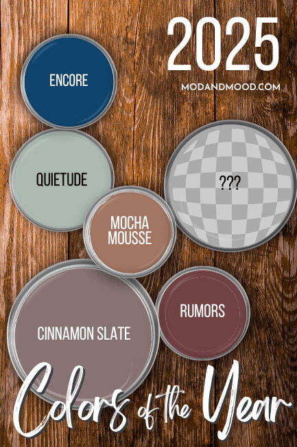 All of the 2025 Colors of the year. Encore, Quietude, Mocha Mousse, Rumors, Cinnamon Slate, and one empty space. Over a wood background.
