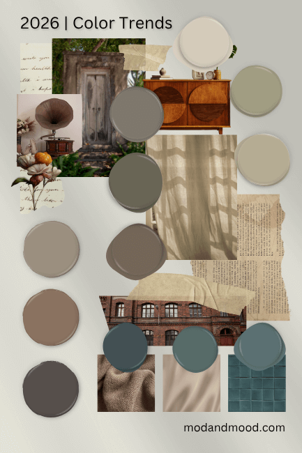 12 colors representing the different categories of color trends for 2026 arranged over a collage of indoor and outdoor decor items in mostly neutral colors.